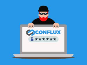 Animated laptop with the Conflux logo on the screen with a password box that has asterisks in the password field, along with a thief behind the laptop with his hands on the laptop
